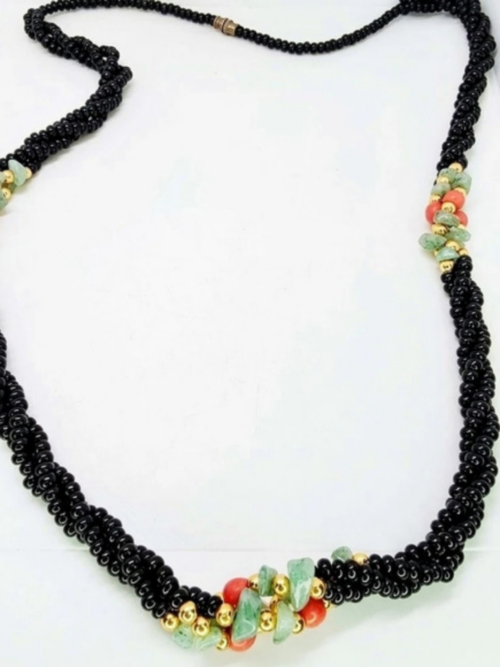 Vintage Multi Strand Black Onyx Torsade Necklace Jade & Coral Accents Graduated